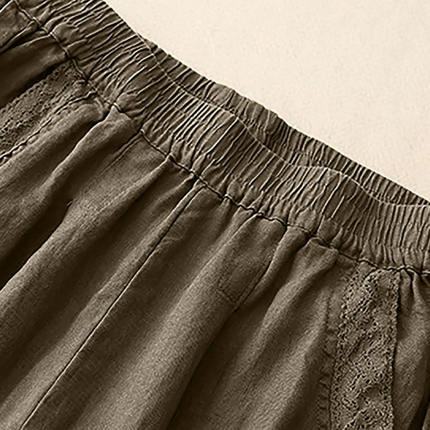 Summer Pants for Women Lightweight Elastic Solid Casual Loose Pant Cotton Linen Wide Leg Full-Length Pant