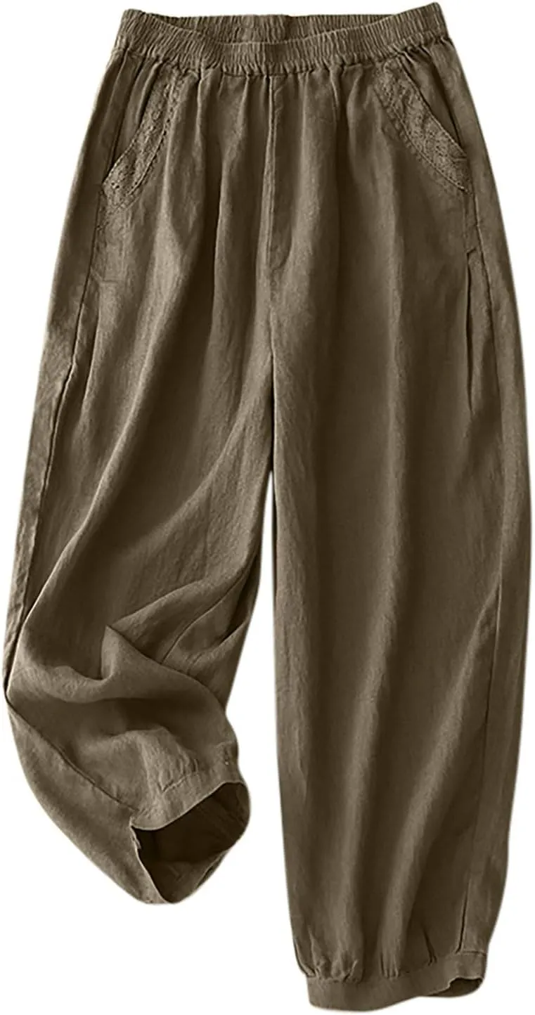 Summer Pants for Women Lightweight Elastic Solid Casual Loose Pant Cotton Linen Wide Leg Full-Length Pant
