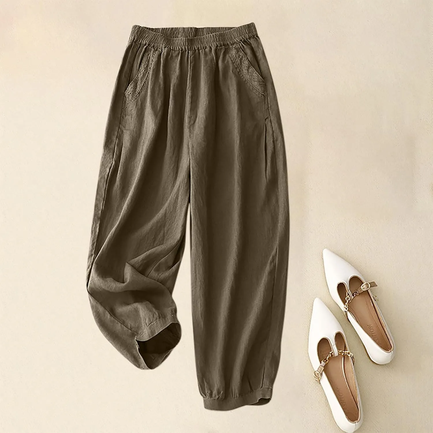 Summer Pants for Women Lightweight Elastic Solid Casual Loose Pant Cotton Linen Wide Leg Full-Length Pant