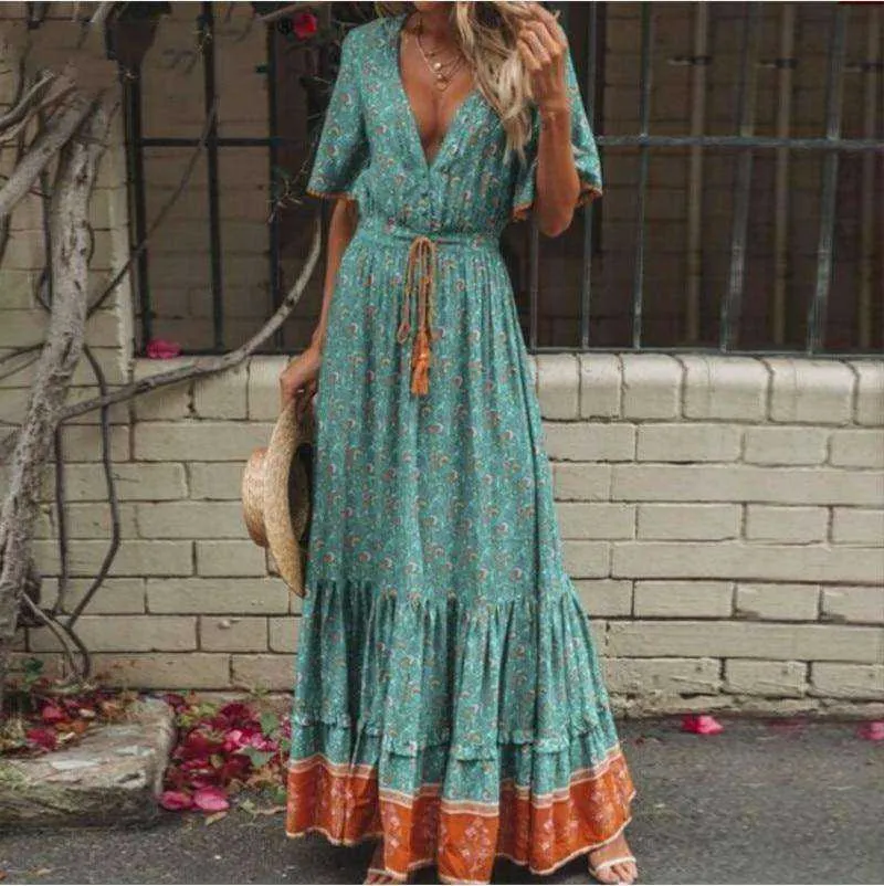 Summer V-Neck Bohemian Maxi Long Dress