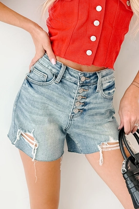 music event look Dagwood Judy Blue Mid Rise Button Fly Distressed Shorts (Medium)