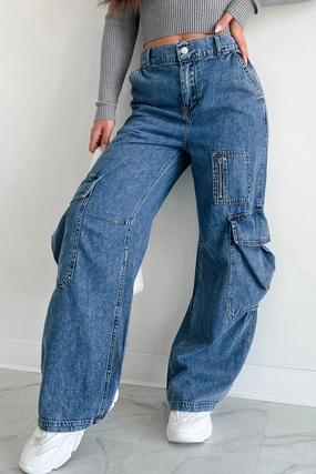 Water Repellent Coating Chilly Day Ready Summit Baggy Cargo Jeans (Dark Denim)