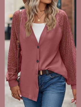 Reverseble Design DropShoulderConstruction WOMEN LACE TRIM SLEEVED BUTTON UP SHIRT