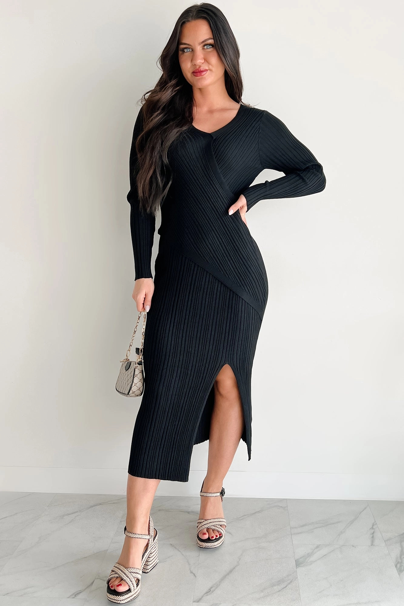 Ribbed-Texture Sleek And Stylish Sunday Brunch Ribbed Long Sleeve Maxi Dress (Black)