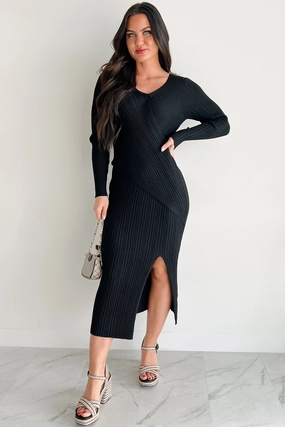 Sunday Brunch Ribbed Long Sleeve Maxi Dress (Black) Matte Look