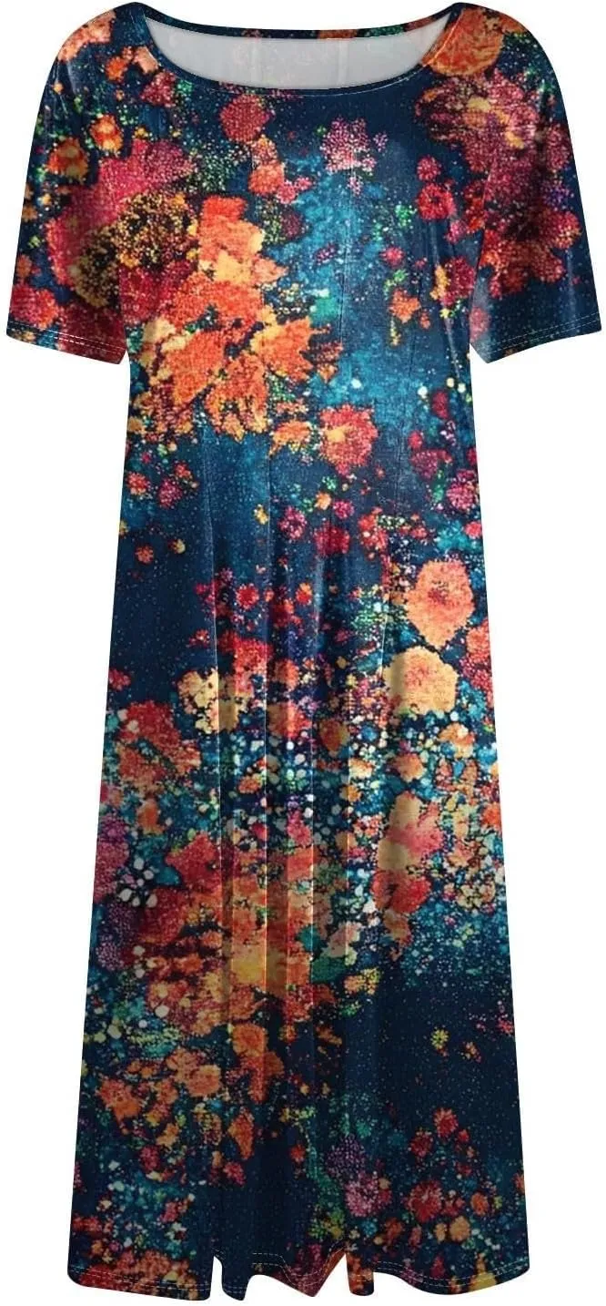 Sundresses for Women 2025 Summer Maxi Loose Floral Comfy Dress Short Sleeve V Neck Prom Flowly Boho Dresses