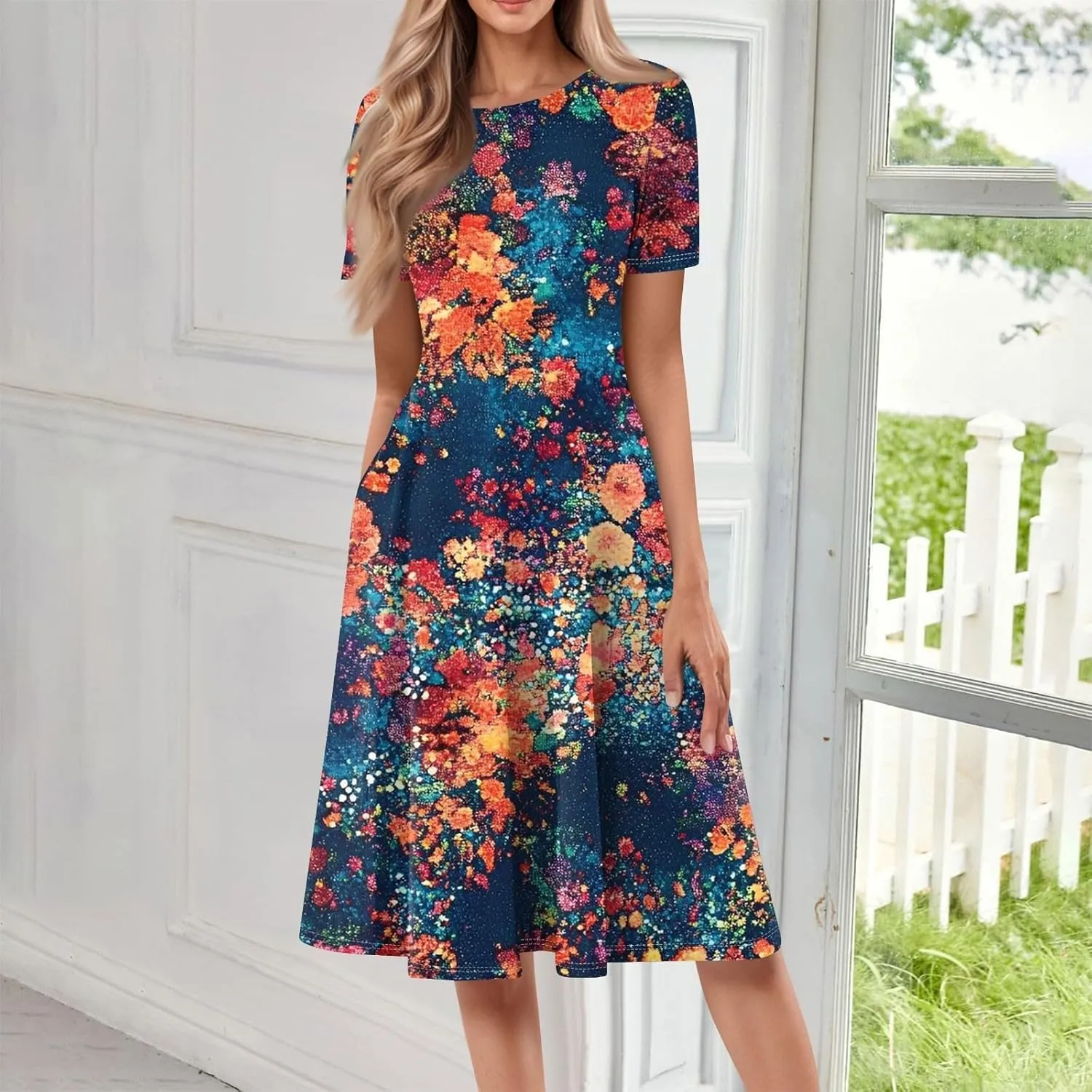 Sundresses for Women 2025 Summer Maxi Loose Floral Comfy Dress Short Sleeve V Neck Prom Flowly Boho Dresses