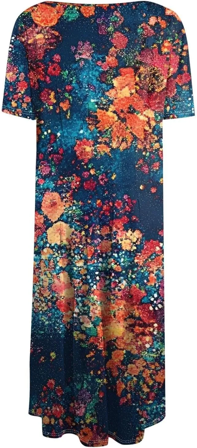 Sundresses for Women 2025 Summer Maxi Loose Floral Comfy Dress Short Sleeve V Neck Prom Flowly Boho Dresses