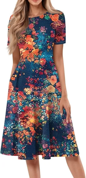 Sundresses for Women 2025 Summer Maxi Loose Floral Comfy Dress Short Sleeve V Neck Prom Flowly Boho Dresses