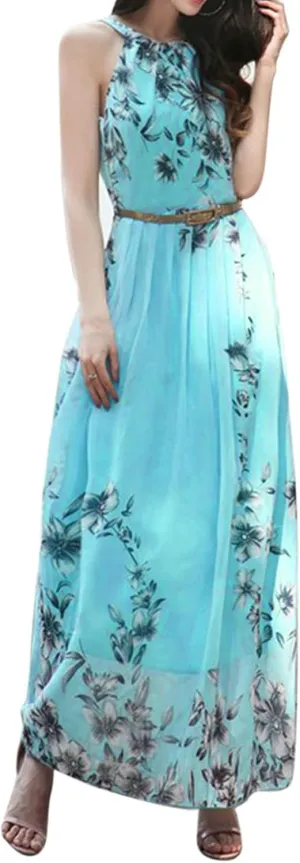 Sundresses for Women Boho Floral Print Maxi Y2k Chiffon Beach Long Dresses Sleeveless Flowy Summer Vacation Dress