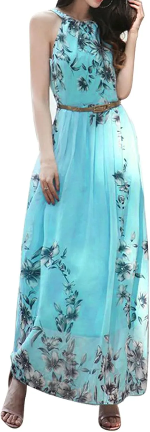 Sundresses for Women Boho Floral Print Maxi Y2k Chiffon Beach Long Dresses Sleeveless Flowy Summer Vacation Dress
