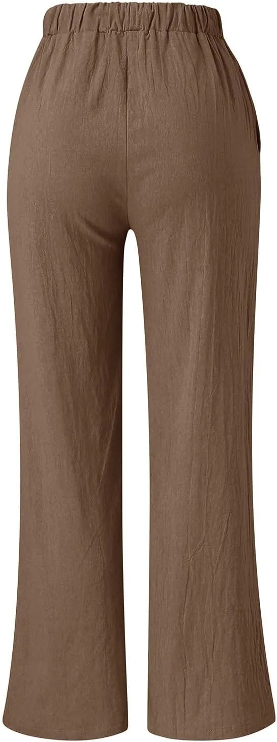 Sunward Womens Wide Leg Pants Cotton Linen Casual Long Trousers Elastic Waist Loose Palazzo Pant Lounge Trouser with Pockets