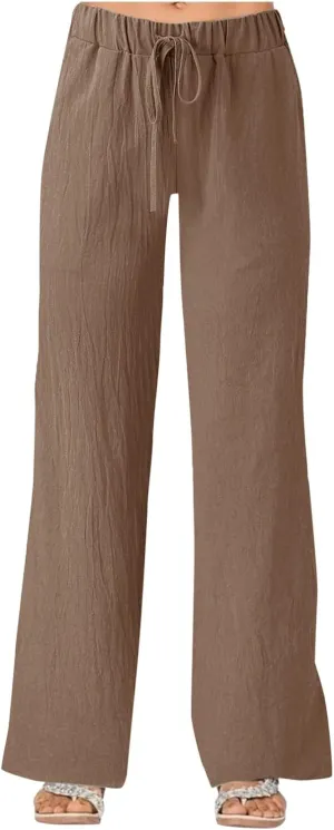 Sunward Womens Wide Leg Pants Cotton Linen Casual Long Trousers Elastic Waist Loose Palazzo Pant Lounge Trouser with Pockets