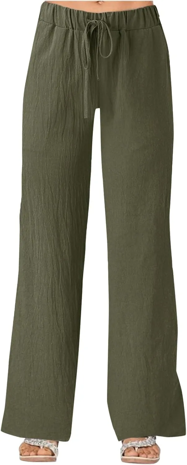 Sunward Womens Wide Leg Pants Cotton Linen Casual Long Trousers Elastic Waist Loose Palazzo Pant Lounge Trouser with Pockets