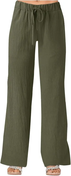 Sunward Womens Wide Leg Pants Cotton Linen Casual Long Trousers Elastic Waist Loose Palazzo Pant Lounge Trouser with Pockets