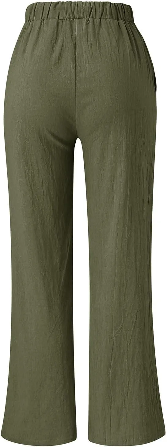 Sunward Womens Wide Leg Pants Cotton Linen Casual Long Trousers Elastic Waist Loose Palazzo Pant Lounge Trouser with Pockets