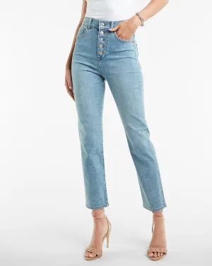 Super High Waisted Button Fly Slim Jean in Medium Wash