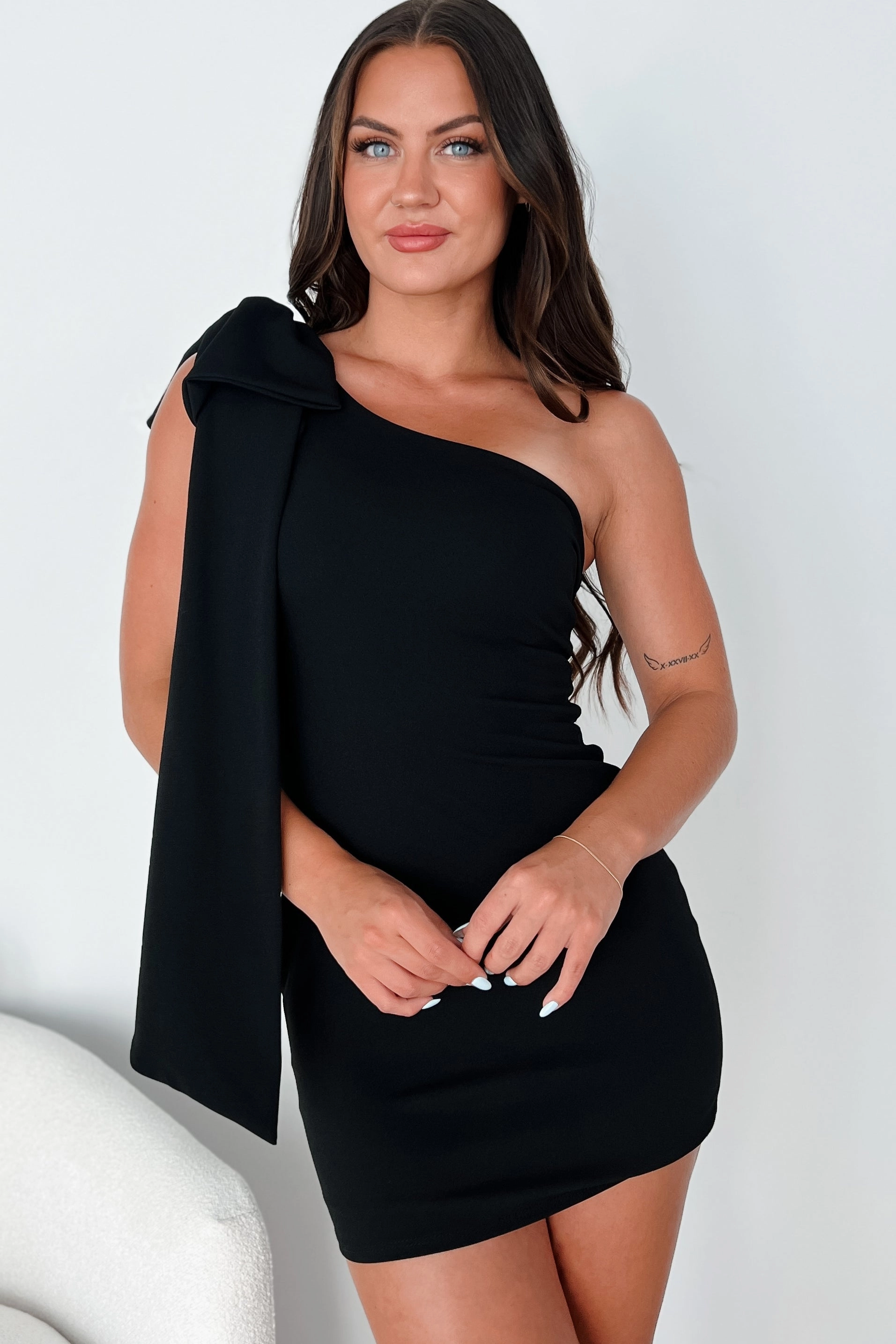 Supermodel Status One Shoulder Mini Dress (Black) Quiet Glow