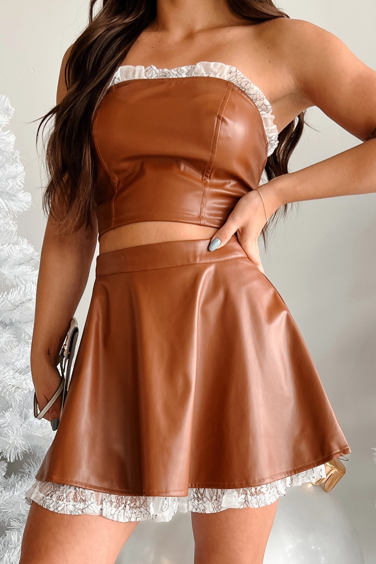 Effortless Feel Faux Leather DOORBUSTER Always Flirty Ruffle Lace Faux Leather Skirt (Brown)