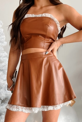 DOORBUSTER Always Flirty Ruffle Lace Faux Leather Skirt (Brown) Matte Texture Neutral Tones
