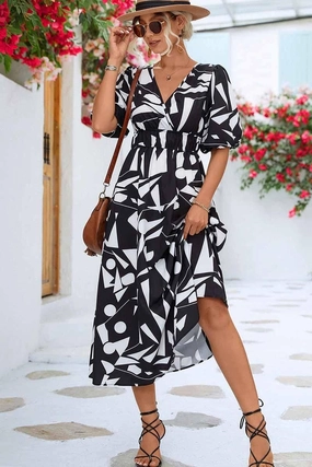 Lounge Base SHAPE PATTERN V NECK TIGHTEN WAIST PUFF DRESS