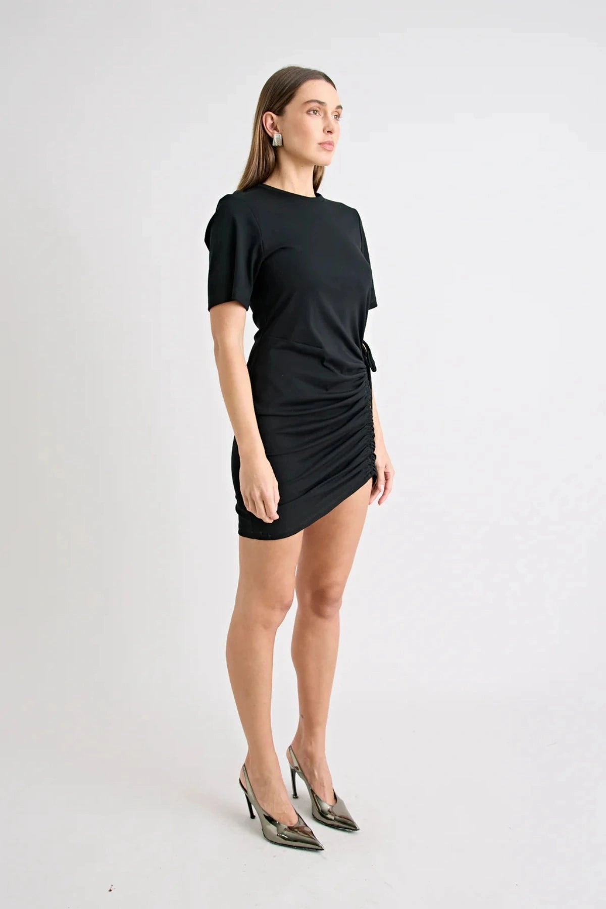 Draped Silhouette Elegant Fabric Solene Mini Dress Black