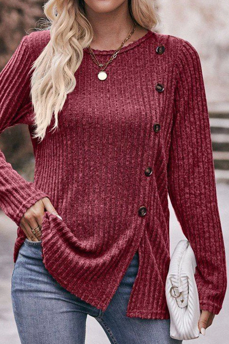 ROUND NECK SIDE BUTTONED LONG LENGTH KNIT TOP RollUpCuff Odor Resistant Coating