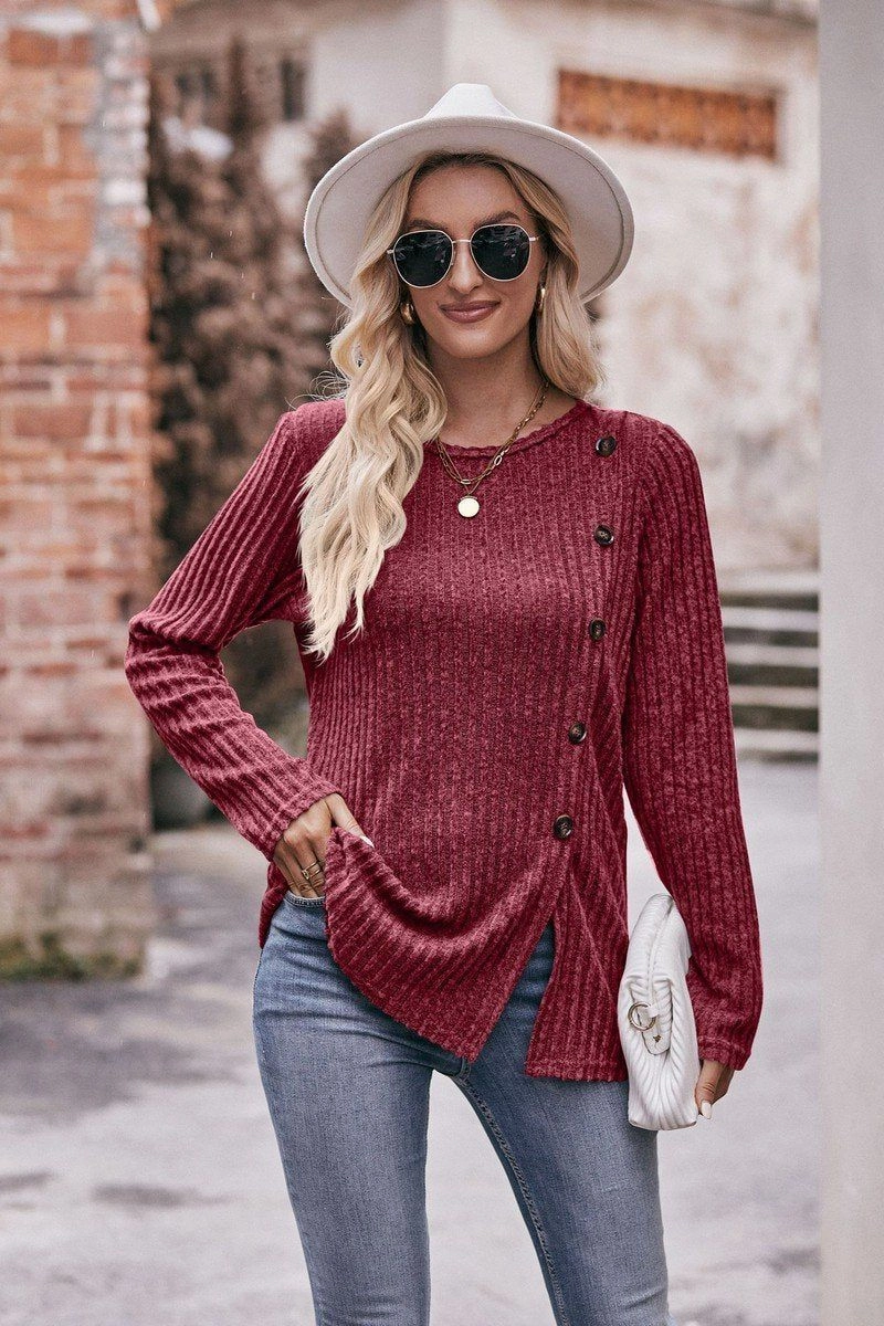 WrinkleFree Weave ROUND NECK SIDE BUTTONED LONG LENGTH KNIT TOP