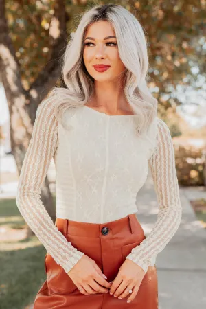 Seamless Knit Design Stay Cool Technology Abundant Joy Floral Lace Boatneck Bodysuit (Cream)