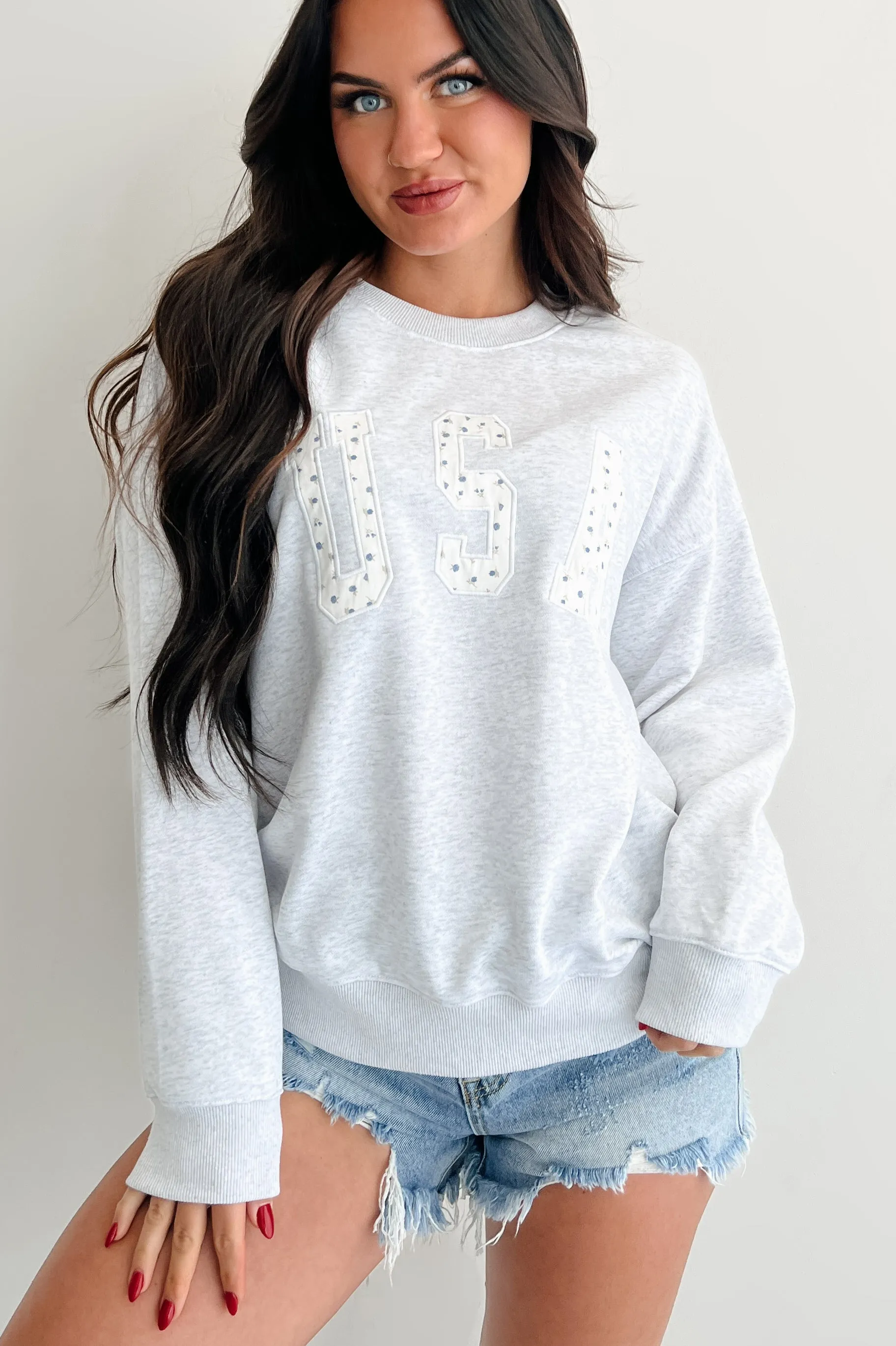 "USA" Floral Embroidered Sweatshirt (Light Grey) AntiSlipGrip Hidden Zipper