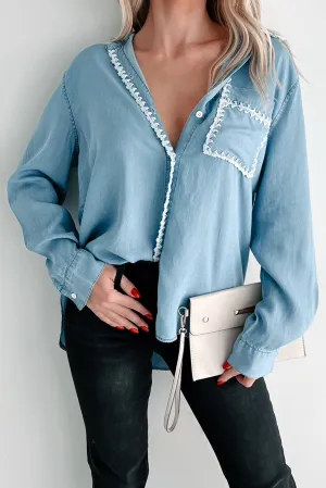 Rustic Charm Embroidered Edge Denim Chambray Shirt (Denim Blue) Eco Conscious Packaging