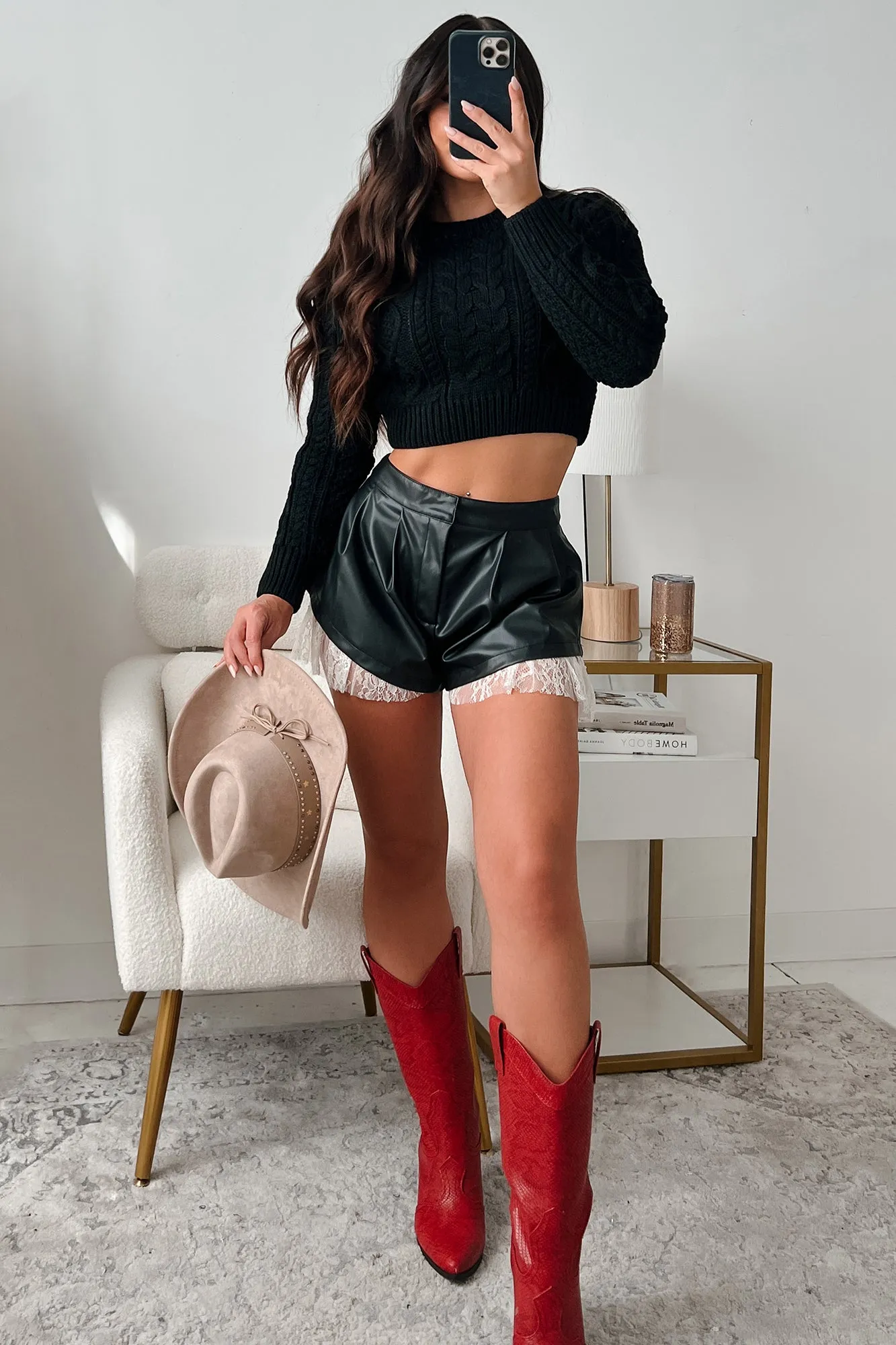 Cool Weather High Collar Protection Design Pay It Forward Cable Knit Crop Sweater (Black)