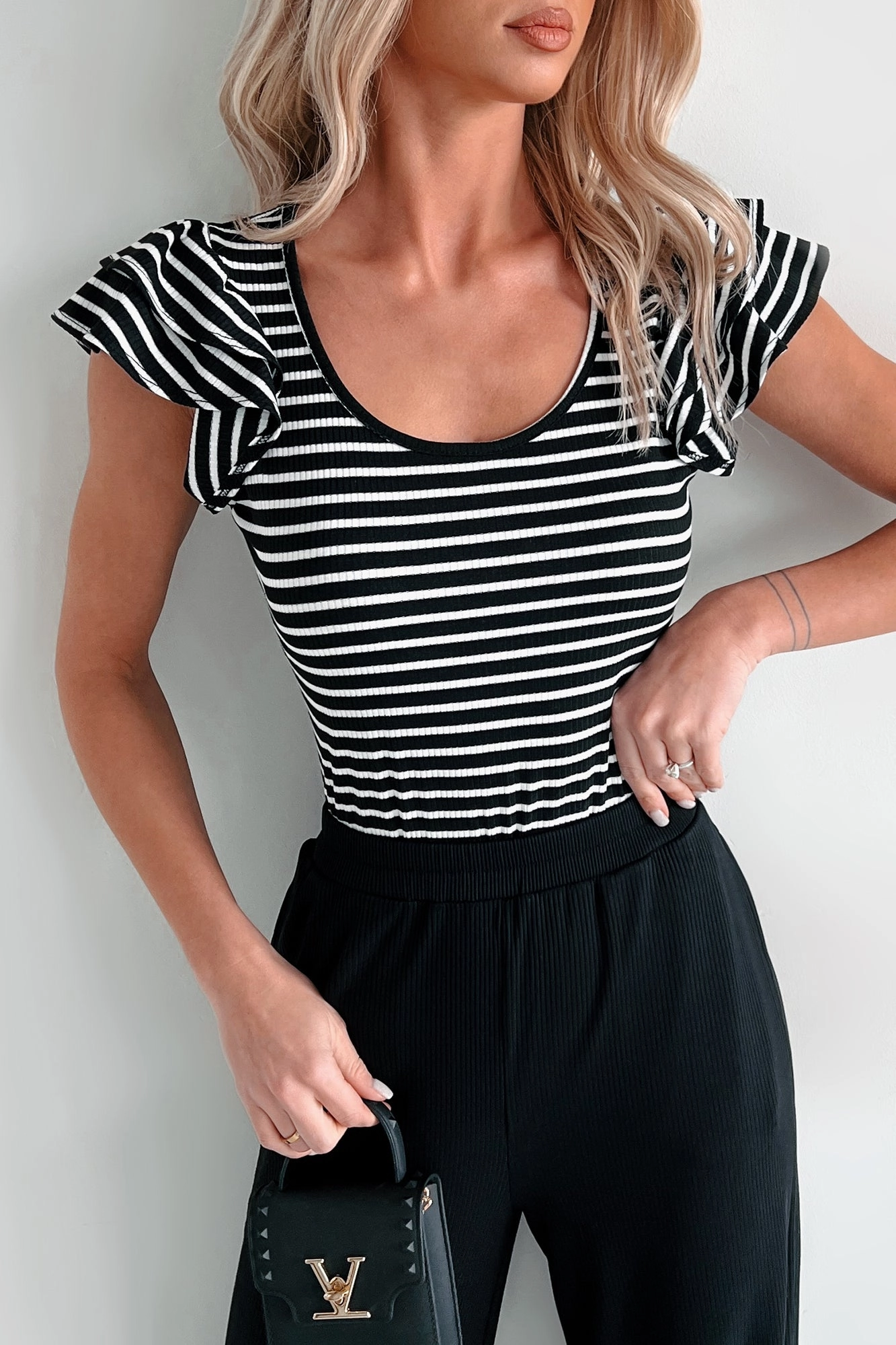 Durable Blend Friction Reducing Finish Sweet As Honey Ruffle Sleeve Striped Bodysuit (Black/White)