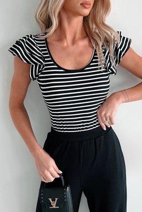 Durable Blend Friction Reducing Finish Sweet As Honey Ruffle Sleeve Striped Bodysuit (Black/White)