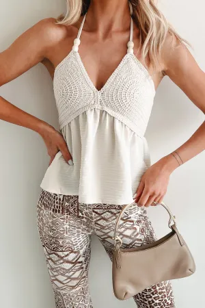 Sweet & Stylish Crochet Halter Top (Ivory) ContrastStitching Breathable mesh panel