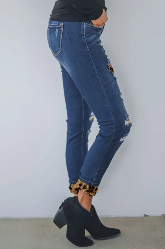 Sweet Lover Fashion Distressed Leopard Skinny Jeans