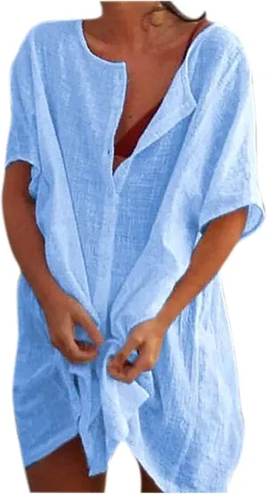 T Shirt Dresses for Women Linen 2025 Button Down Short Sleeve Dress Casual Cotton Dresses Loose Summer Beach Dress