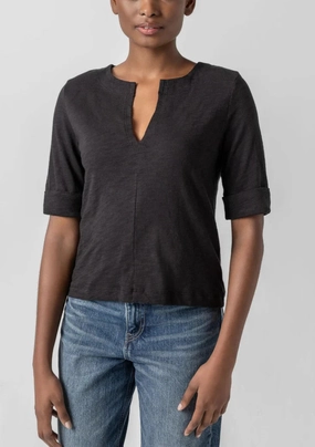 Cuffed Sleeve Split Neck Black slim fit