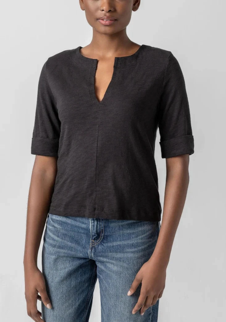 Cuffed Sleeve Split Neck Black slim fit