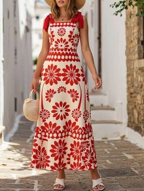 Boho Chic Locked-Down Floral Strap Dress ??Sleeveless A-Line Summer Maxi Dress Evening Vibe