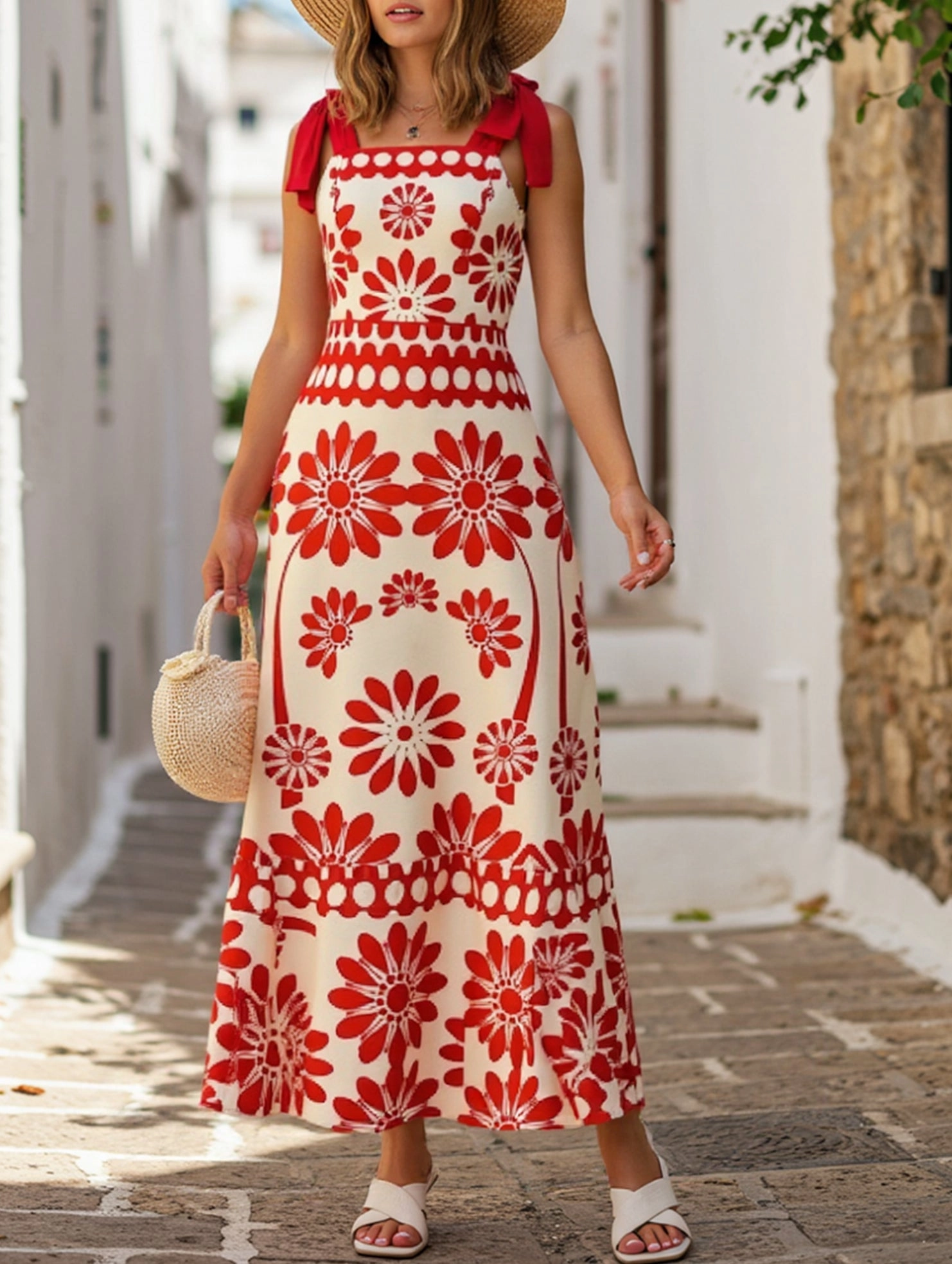Vibrant Form Soft cotton dress Boho Chic Locked-Down Floral Strap Dress ??Sleeveless A-Line Summer Maxi Dress