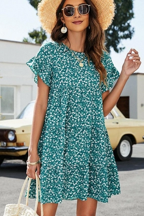 MULTI PATTERNED RUFFLE SLEEVE MIDI DRESS Dreamy Simplicity