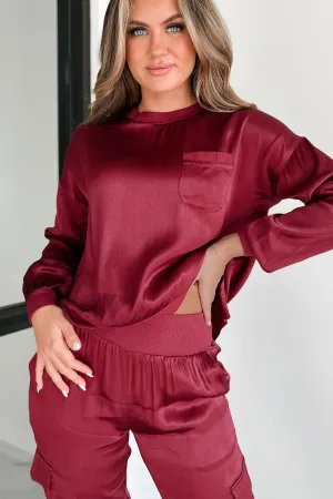 Basic Tee Taking What's Owed Satin Long Sleeve Top (Maroon)