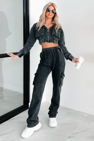 Elasticated Hem RaglanSleeve Talk Later Mineral Wash Hoodie & Sweatpants Set (Black)