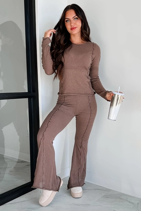 Odor Resistant Comfort Wearable Talk It Through Lettuce Seam Flare Pants (Espresso)