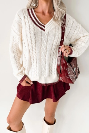 Woven Stories Cable Knit V Neck Sweater (Cream) CarbonNeutral Production MultiPocket Design