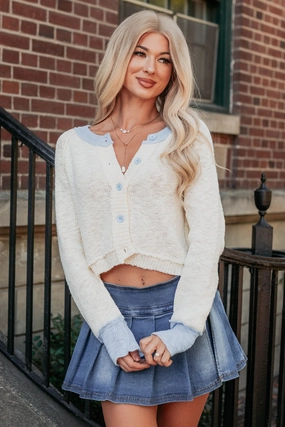 Mellow Moods Button-Up Knit Cardigan (Cream/Sky Blue) Lightweight insulation Sporty Tee