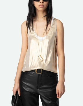 Tarys Satin Top Gold Mesh Panel Details