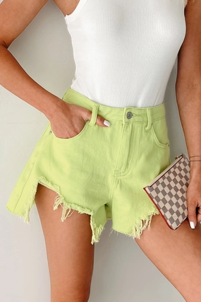Jeanette High Rise Distressed Denim Shorts (Lime) Anti Pilling Surface High Rise Waist