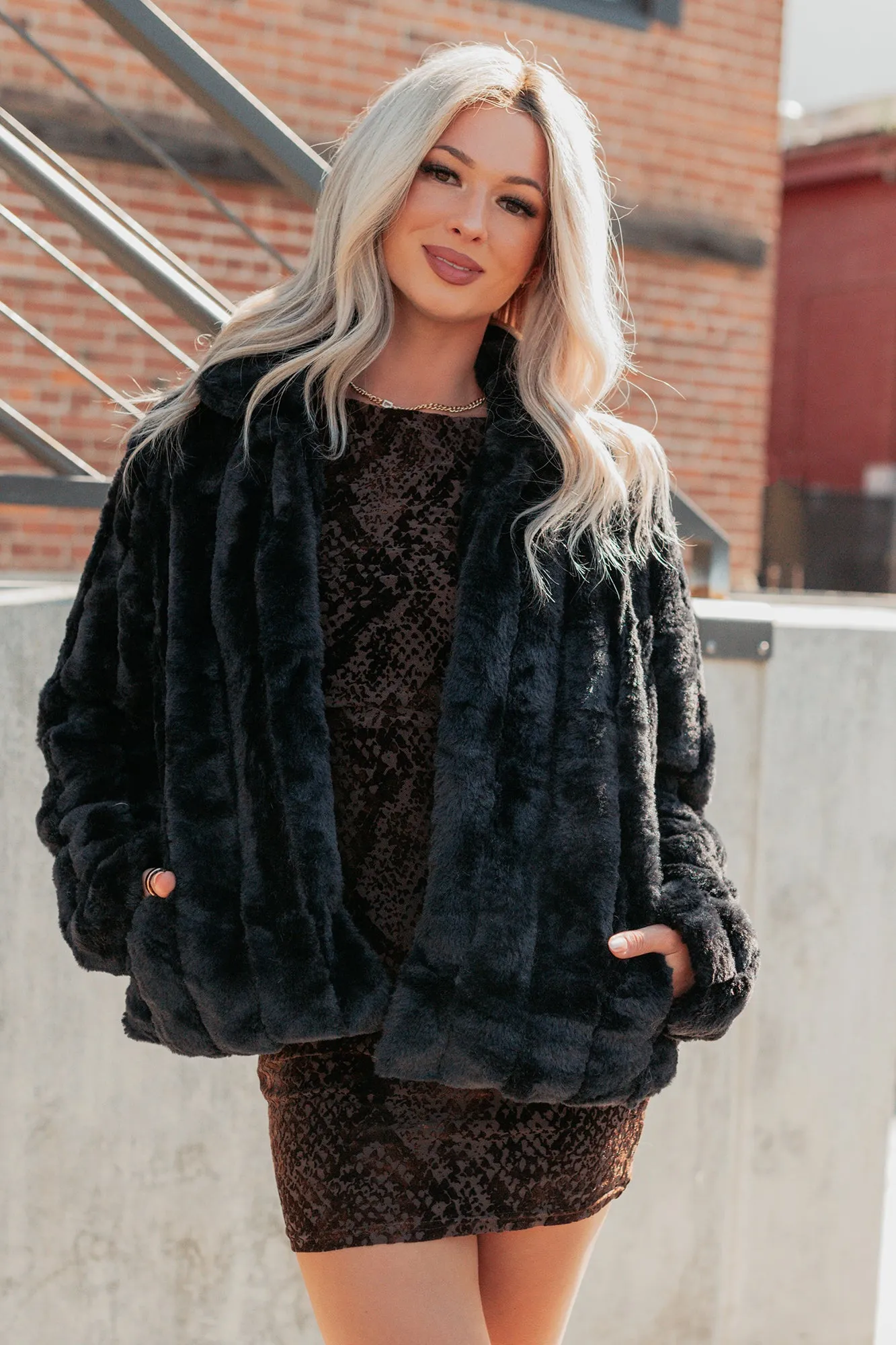 Stretch Blouse Snuggle Bug Faux Fur Jacket (Black)